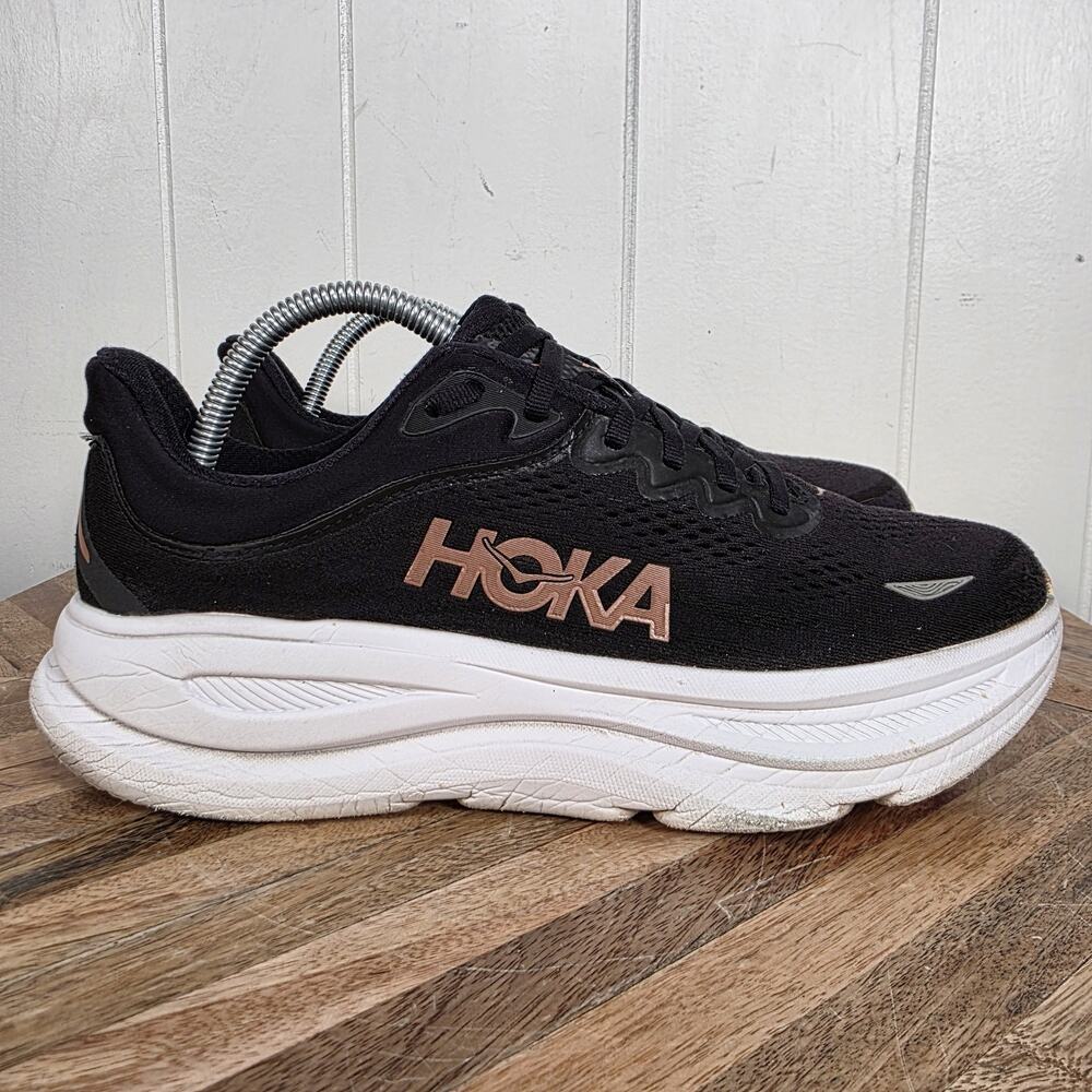 Hoka One W Bondi 9.5 B Black Rose Gold Women's Running Shoes 1162012 BRGL